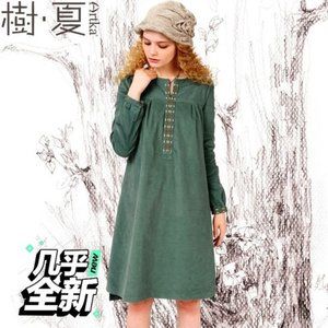 Artka - deep fruit green tree corduroy dress